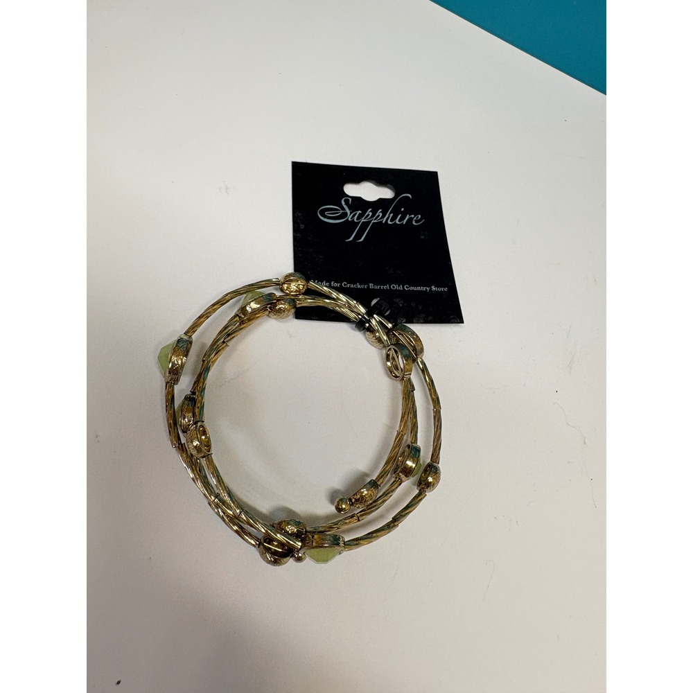 Sapphire Gold Tone Multi Strand Bangle Bracelet Green Cabochon Textured